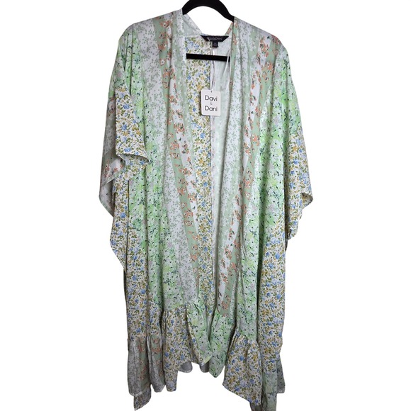 DAVI & DANI Tops - Davi & Dani Boho Cottagecore Green Open front duster mint green & white PLUS 3X